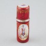 Viennese Silver and Painted Translucent Red Enamel Cylinder Shaped Vinaigrette, c.1900, height 2.8 i