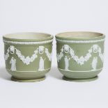 Pair of Wedgwood Green Jasper-Dip Jardinières, c.1900, height 5.3 in — 13.5 cm, diameter 6.2 in — 15