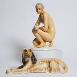 Two Giovanni Ronzan Large Figures of a Woman and an Afghan Hound, 20th century, largest height 15.9