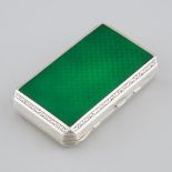 German Silver and Translucent Green Guilloché Enamel Minaudière, 1920s, 0.6 x 3 x 1.9 in — 1.6 x 7.7