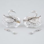 Pair of Continental Silver and Cut Glass Swan Salt Cellars, c.1960, height 2.8 in — 7 cm (2 Pieces)