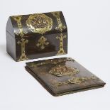 Victorian Gothic Revival Brass Bound Calamander Stationary Box and Folio, c.1860, 7 x 9.4 x 5 in — 1