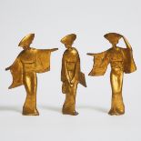 Three Japanese Mid Century Modern Stylised Gilt Bronze Figures of Kōenji Awa Odori  Dancers, c.1955,