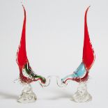 Two Murano Coloured Glass Birds, 20th century, height 15.7 in — 40 cm (2 Pieces)