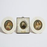 Three Continental Portrait Miniatures, early-mid 20th century, 4 x 3.5 in — 10.2 x 8.9 cm