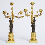 Pair of French Restauration Gilt and Patinated Bronze Three Light Candelabra, early 19th century, he