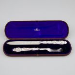 Victorian Silver Dessert Serving Knife and Fork, John Gilbert, Birmingham, 1877, knife length 11.8 i