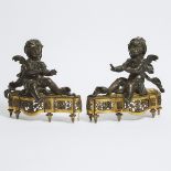 Pair of Louis XVI Patinated and Gilt Bronze Chenets, late 18th century, 12 x 12 in — 30.5 x 30.5 cm