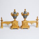 Pair of Louis XIV Style Grey Marble Mounted Gilt Bronze Chenets, 19th century, 15 x 15 in — 38.1 x 3