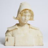 Continental Alabaster Bust of a Young Flemish Woman, early 20h century, 14 x 13 x 6.5 in — 35.6 x 33