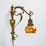 Art Nouveau Brass Wall Sconce with Quezal Aurene Glass Shade, c.1900, backplate height 16.25 in — 41