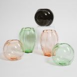 George Sakier (American, 1897-1988), Five Coloured Glass Vases for Fostoria, 1930s, largest height 7