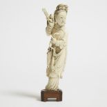 An Ivory Figure of a Female Warrior, Early 20th Century, 民国 牙雕女武将摆件, including stand height 8.4 in —