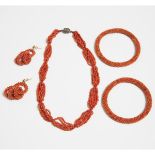 A Coral Beaded Necklace and Earrings Set, Together With a Pair of Bangles, 清 珊瑚米珠首饰一组五件, bangle diam