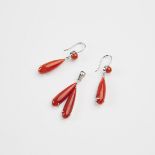 A Pair of Coral Earrings and Pendant Set, 18K白金镶嵌珊瑚耳坠及挂坠一套三件, coral piece length 1 in — 2.5 cm (3 Pi