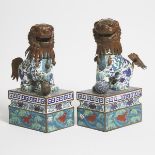 A Pair of Enameled Copper Buddhist Lions, Mid 20th Century, 建国初期 铜胎掐丝珐琅福狮一对, height 15.4 in — 39 cm