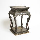 A Mother-of-Pearl Inlaid Black Lacquer Stool, Kangxi Period (1664-1722), 清 康熙 黑漆嵌螺钿束腰凳, height 18.3