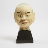 A Large Painted Terracotta Head of a Monk, Vietnam, 18th Century, 越南 十八世纪 彩陶罗汉首, with stand height 1