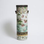 A Moulded Famille Rose 'Nanking Ware' Umbrella Stand, 19th Century, 清 十九世纪 模印粉彩莲塘鸳鸯图伞筒, height 24.5