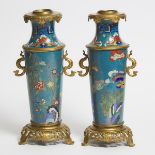 A Pair of Ormolu-Mounted Chinese Cloisonné Enamel Sleeve Vases, 19th Century, 清 十九世纪 铜胎掐丝珐琅花卉纹瓶一对, h