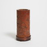 A Small Bamboo Brush Pot, 18th Century, 清 十八世纪 竹刻莲塘图笔筒, height 4.3 in — 11 cm