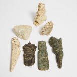 A Group of Seven Pre-Columbian Stone Carvings, longest length 2.9 in — 7.4 cm (7 Pieces)