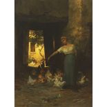 Charles Herrmann-Leon (1838-1908), WOMAN FEEDING CHICKENS, signed lower left, 28.75 x 21 in — 73.3 x