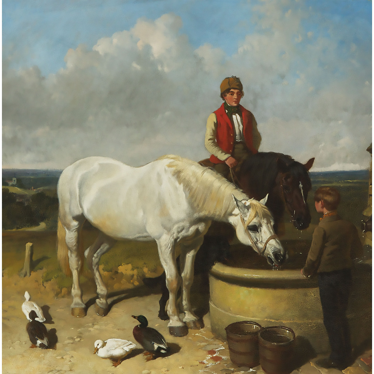 John Frederick Herring (1795-1865), HORSES AT THE WELL, 21 ins x 21 ins; 57 cms x 57 cms