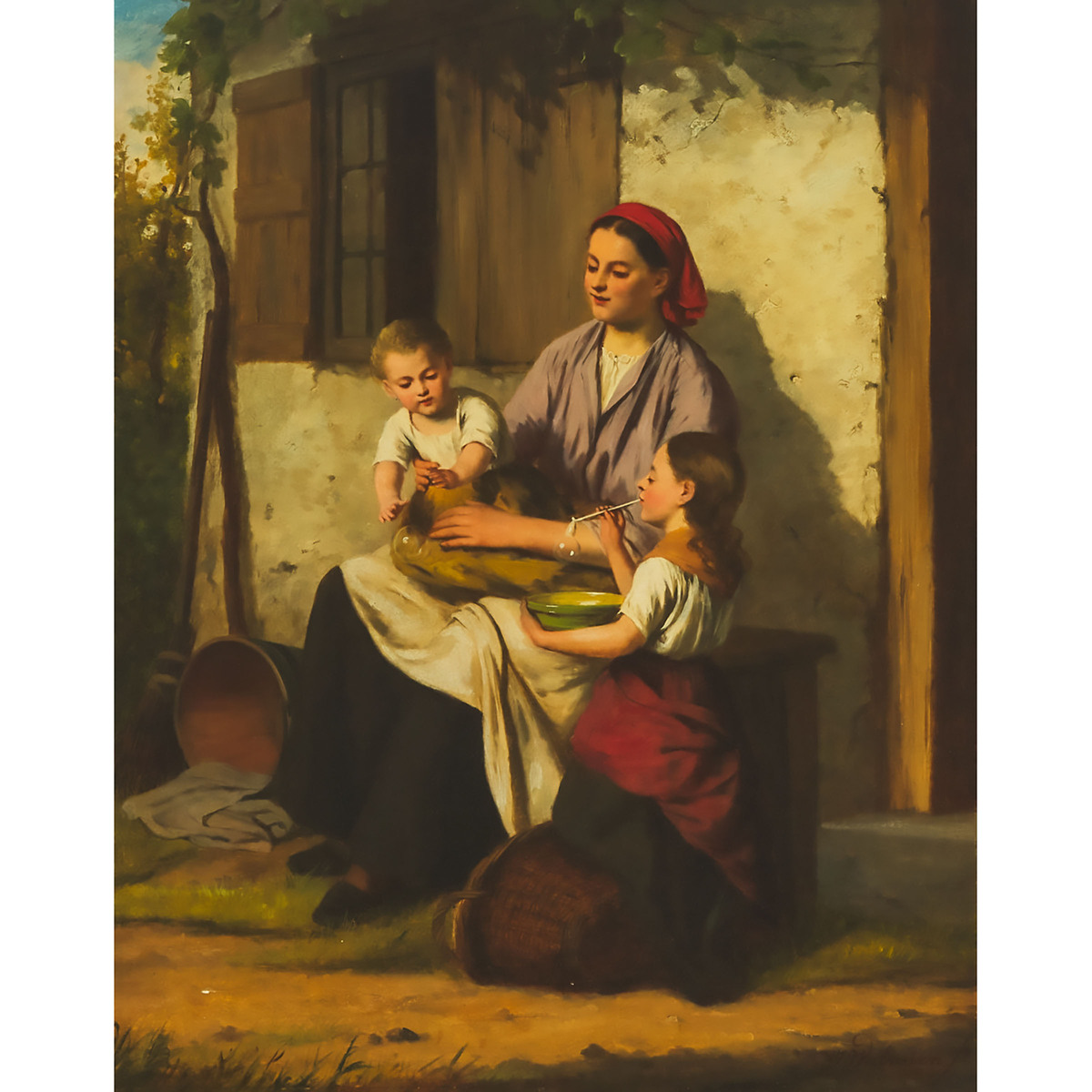 Jan Walraven (1827-1863), BLOWING BUBBLES WITH BABY, signed lower right, 25 ins x 19.7 ins; 63.5 cms