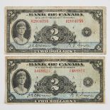 Two Bank Of Canada 1935 $2 Bank Notes, (G & VG)