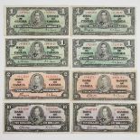 Group Of Bank Of Canada 1937 Bank Notes, comprising 4 x $1 (VG to VF); 2 x $2 (VG, hole; VF+); 2 x $