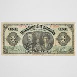 Dominion Of Canada 1911 $1 Bank Note, series 'J'; (VG+, small hole)