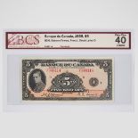 Banque Du Canada 1935 $5 Bank Note, French issue; BCS sealed and graded, Extra Fine-40