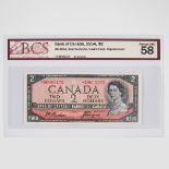 Bank Of Canada 1954 $2 Bank Note, 'Devil's Face' variety; replacement note; BCS sealed and graded, A