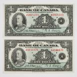 Two Bank Of Canada 1935 $1 Bank Notes, both series 'A'; (both Unc)