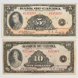 Bank Of Canada 1935 $5 And $10 Bank Notes, (both F, pencil on the $5)