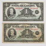 Two Bank Of Canada 1935 $1 Bank Notes, both series 'B'; (Au & G)