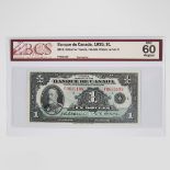 Banque Du Canada 1935 $1 Bank Note, French issue; BCS sealed and graded, Unc-60