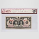 Bank Of Canada 1935 $25 Bank Note, BCS sealed and graded, Almost Unc-50