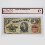 Dominion Of Canada 1882 $4 Bank Note, BCS sealed and graded Fine-15; holes, internal tear