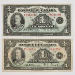 Two Banque Du Canada 1935 $1 Bank Notes, French issue; (Au & VG)