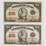 Two Dominion Of Canada 1923 25 Cent Bank Notes (Shinplasters), Hyndman-Saunders Variety; (Au-small s