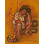 Raúl Anguiano (1915-2006), WOMAN WITH POTS AT THE MARKET, 1975, signed and dated "75" lower right, 2