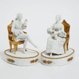 Pair of French Bisque and Gilt Bronze Seated Courtier Figures, early 20th century, each height 8 in