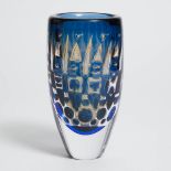 Orrefors Ariel Blue Glass Vase, Ingeborg Lundin, 1967, height 8.6 in — 21.8 cm