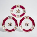 Three Chamberlains Worcester Claret Ground Armorial Plates, c.1847-50, circular plate diameter 10.2