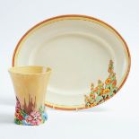 Clarice Cliff 'Bizarre' 'My Garden' Vase and 'Sunshine' Oval Platter, 1930s, platter length 16.6 in