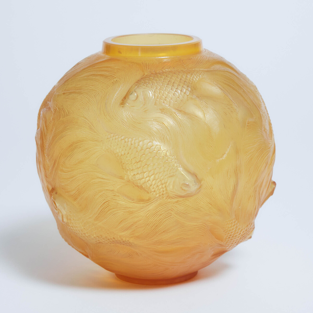 'Formose', Lalique Moulded and Partly Frosted Amber Glass Vase, c.1930, height 6.5 in — 16.5 cm