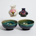 Pair of Moorcroft Hibiscus Bowls and Two Small Vases, 20th century, bowl diameter 5.2 in — 13.3 cm (