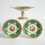 Pair of Coalport Green and Gilt Ground Topographical Plates and a Comport, early 20th century, compo